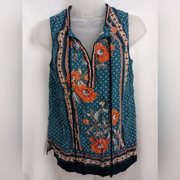 DANIEL RAINN Bohemian Floral Teal,Orange Sleeveless Western Flowy Top - (#185) - Picture 3 of 9